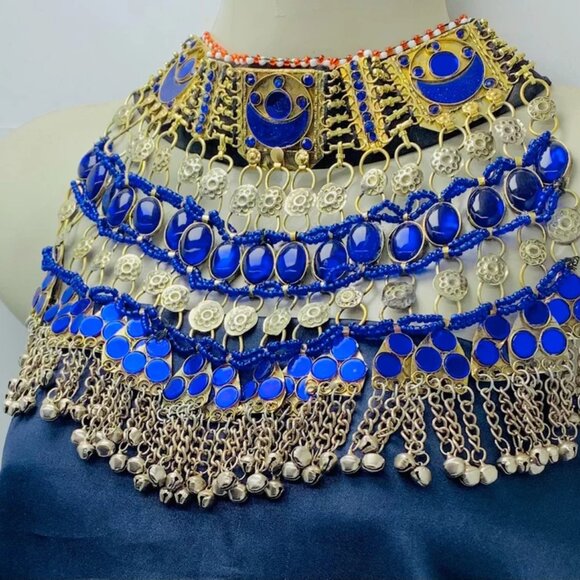 Blue Choker Necklace, Handmade Afghan Choker, Tribal Unique Jewelry designs - Picture 5 of 9